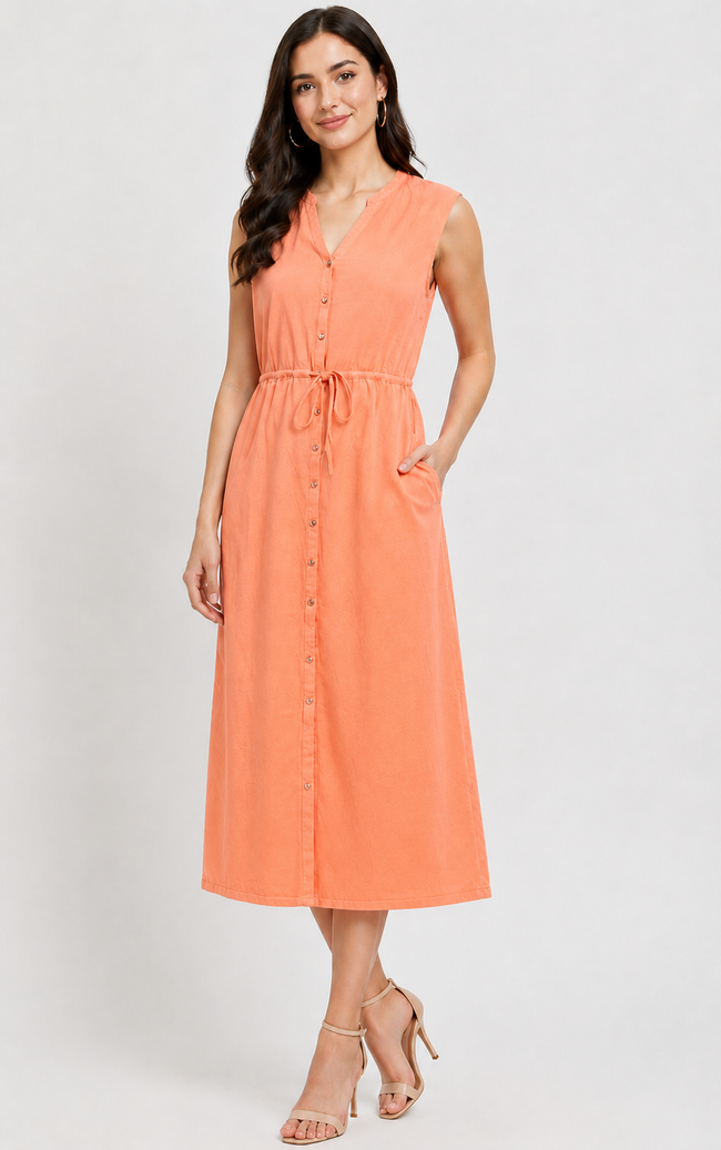 Women Orange Cotton Midi Dress