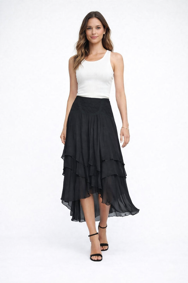 Women Black Layered Midi Skirt