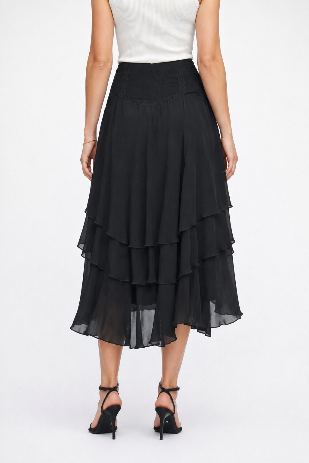 Women Black Layered Midi Skirt
