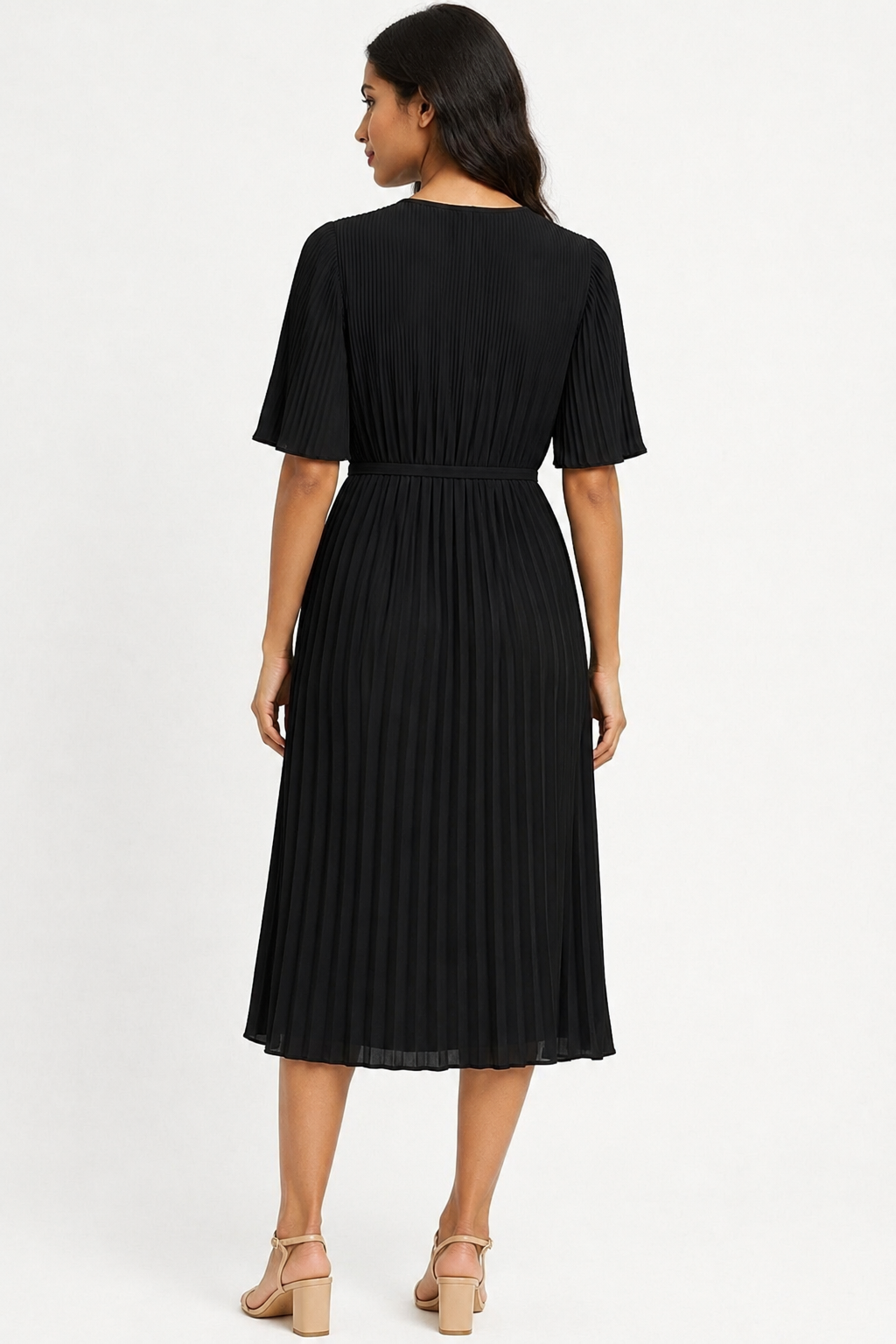 Women Black Pleated Midi Dress