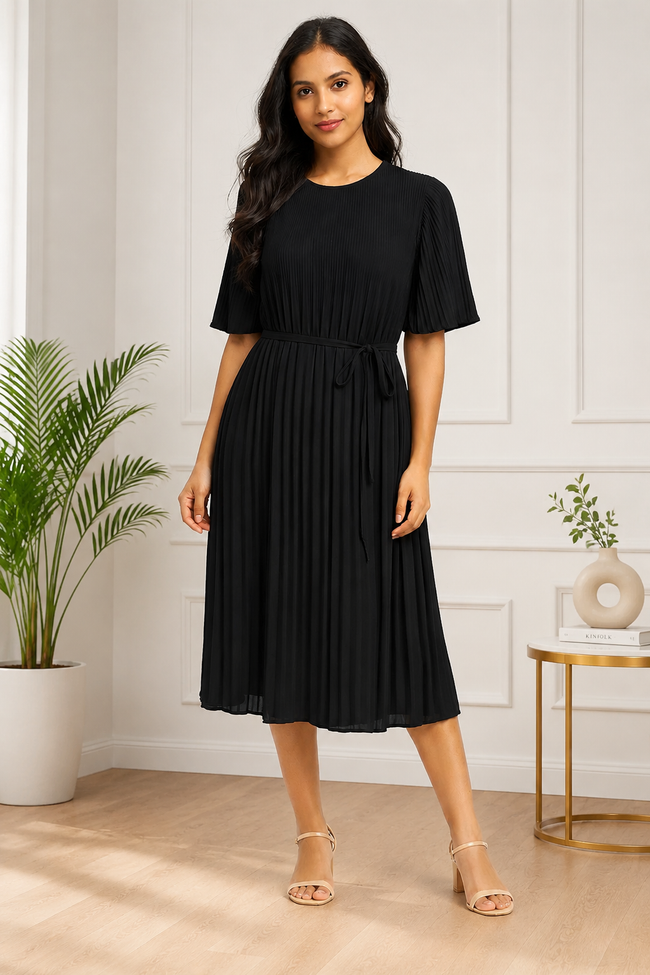 Women Black Pleated Midi Dress