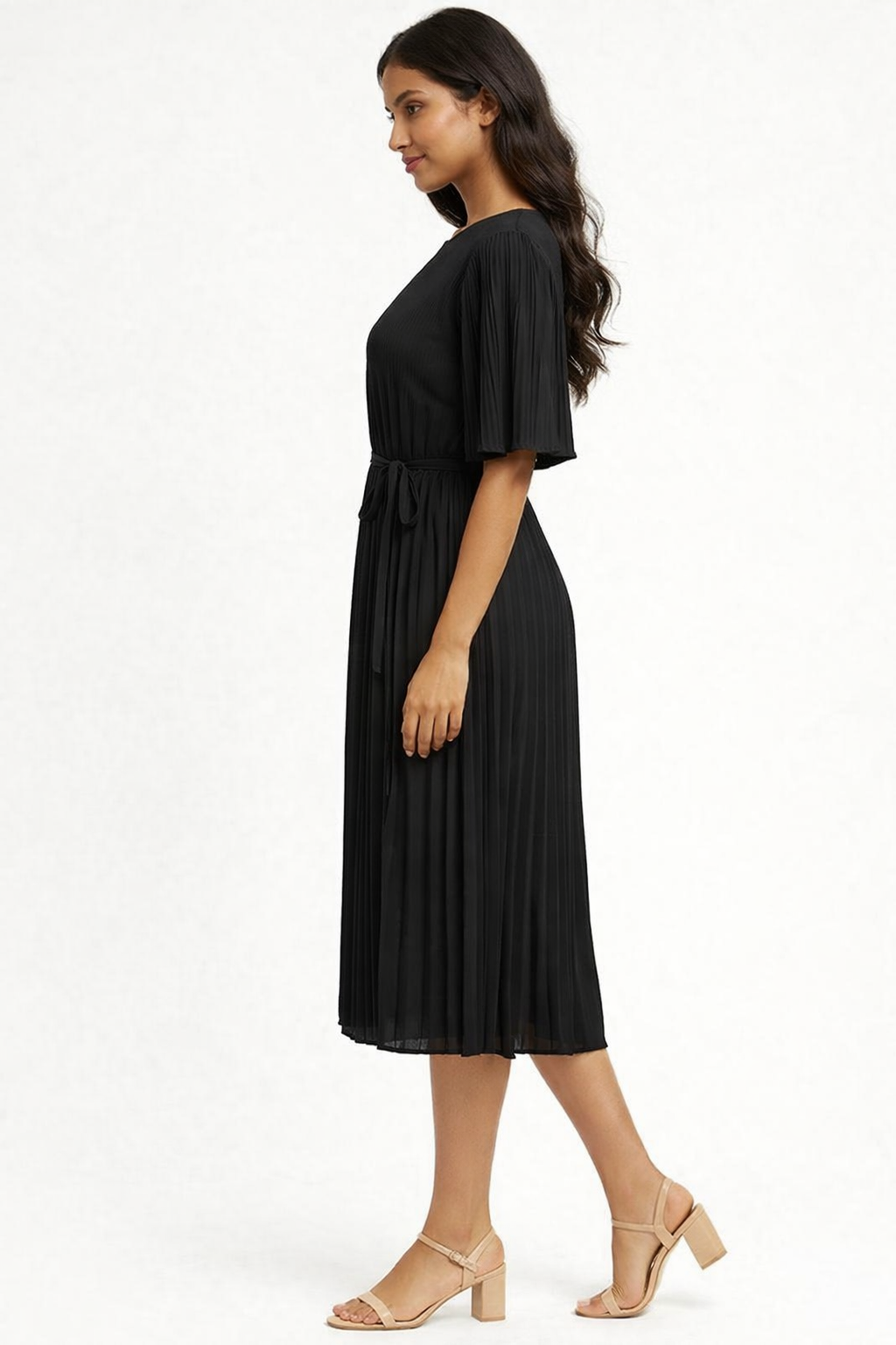 Women Black Pleated Midi Dress