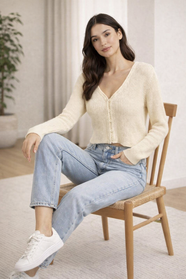 Women Cream Crop Cardigan