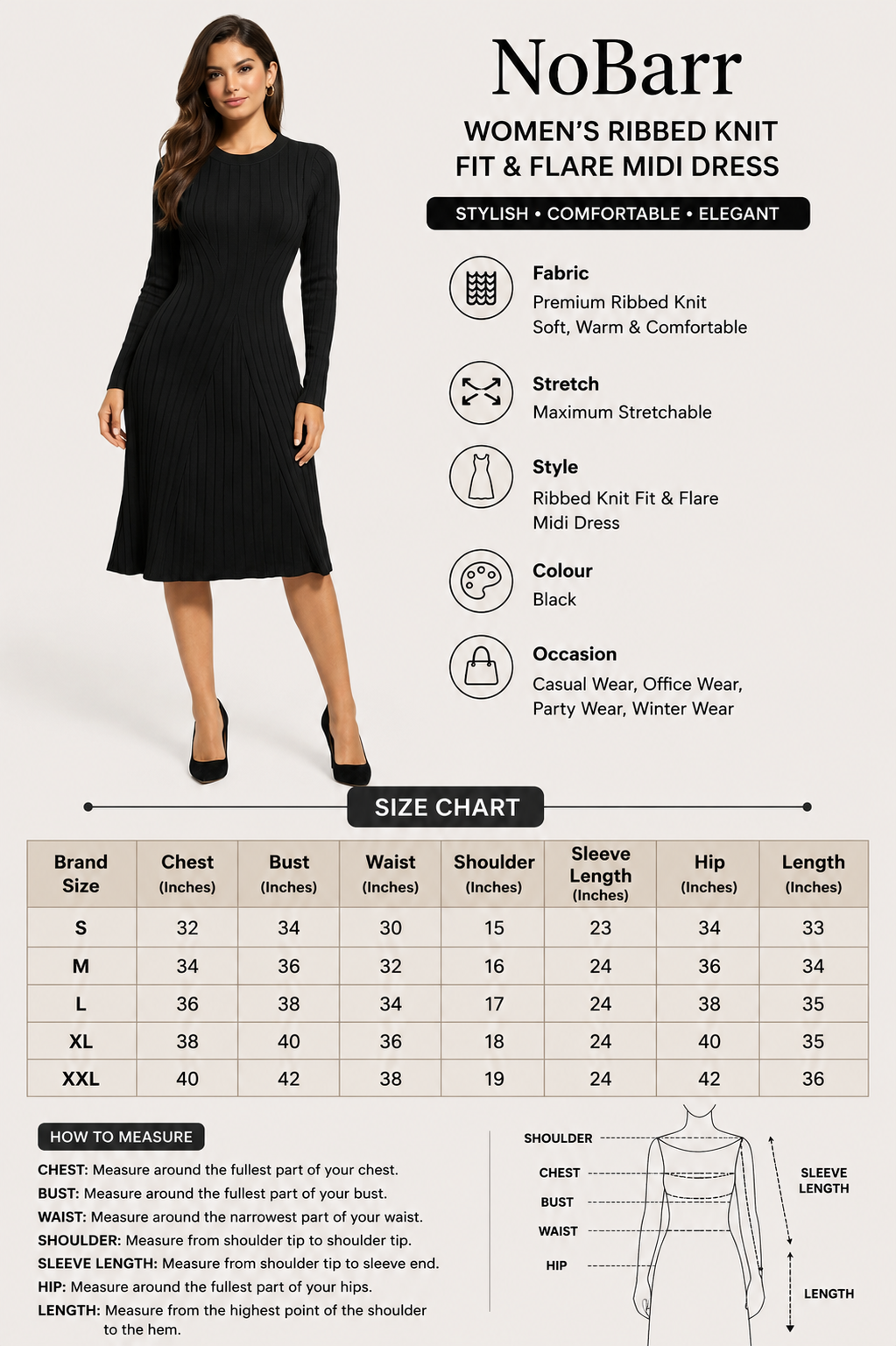 Women Black Knitted Midi Dress