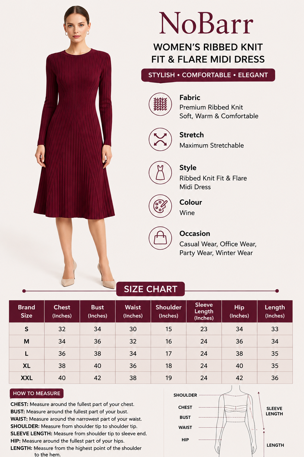Women Wine Knitted Midi Dress