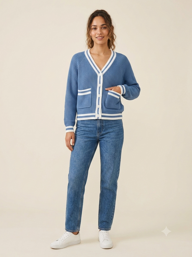 Women Blue Knitted Cardigan