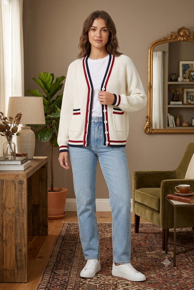 Women White Knitted Cardigan