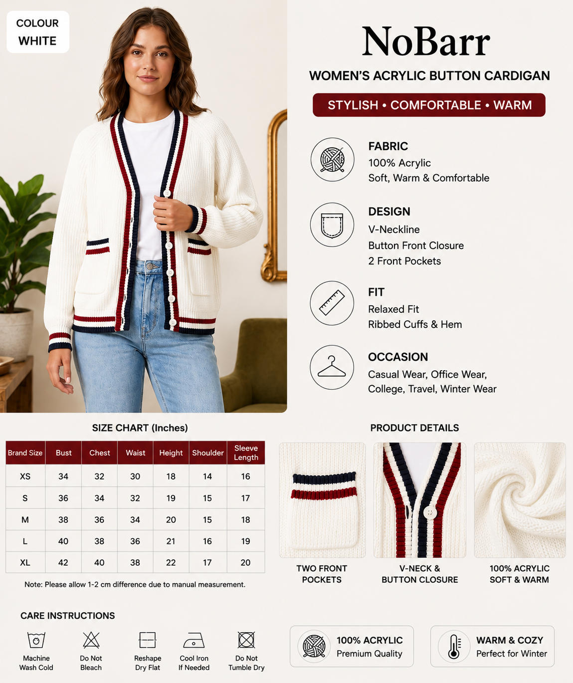 Women White Knitted Cardigan