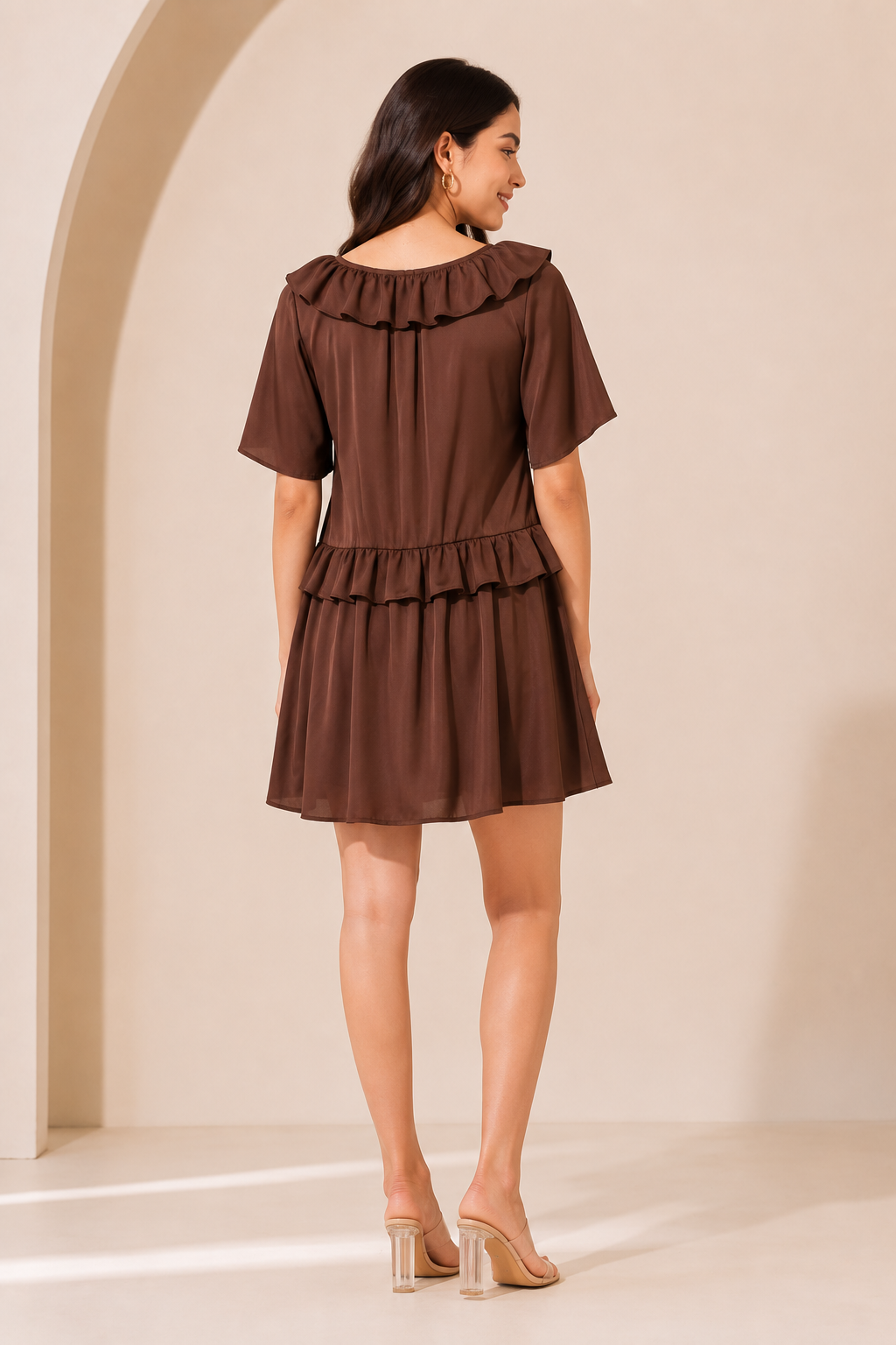 Women Brown Ruffle Mini Dress