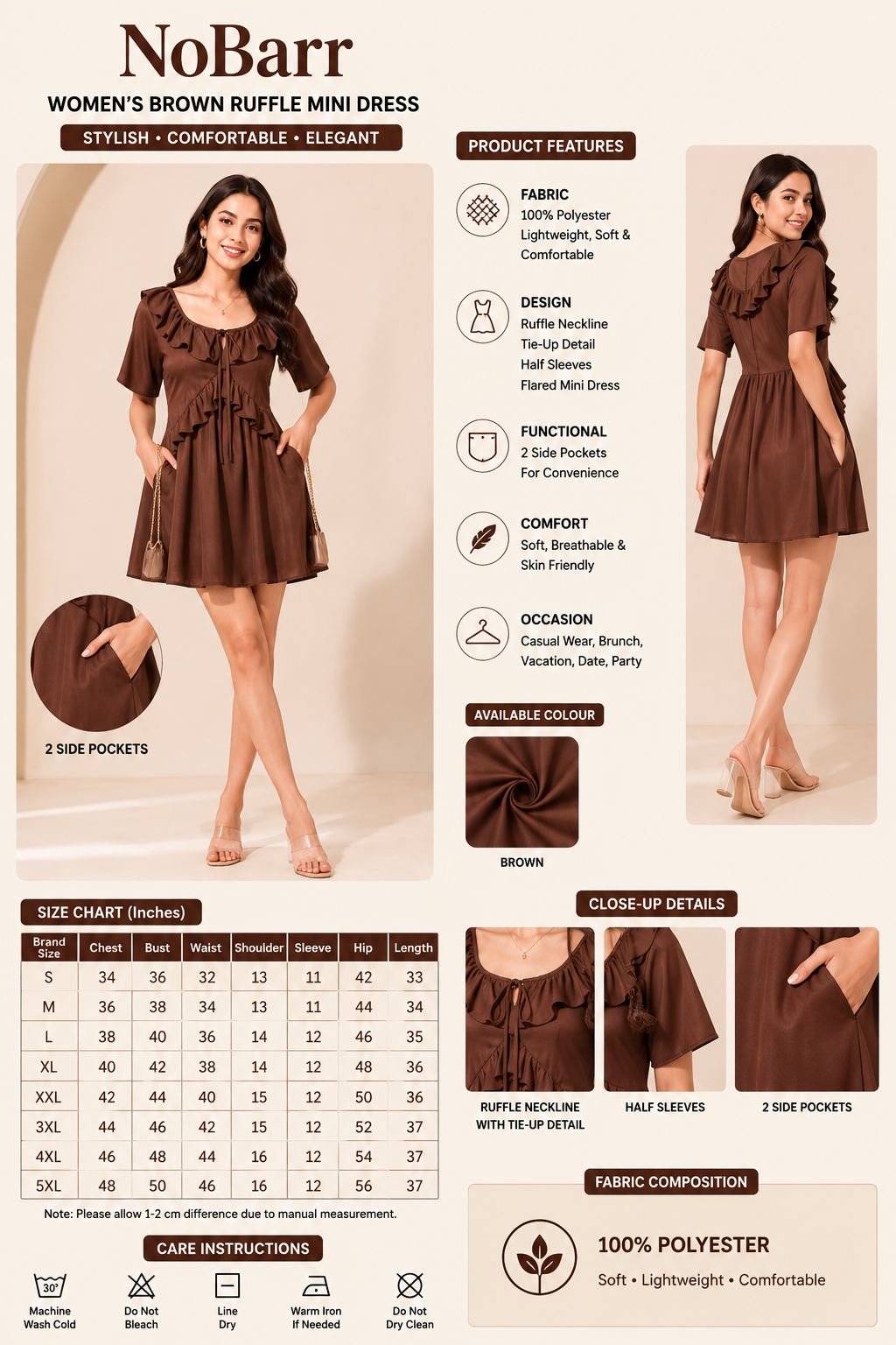 Women Brown Ruffle Mini Dress