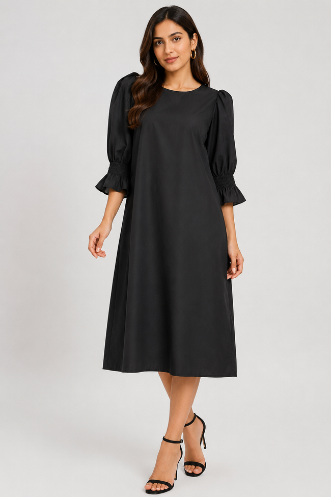 Women Black Cotton Midi Dress