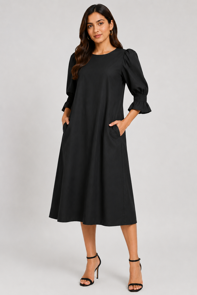 Women Black Cotton Midi Dress