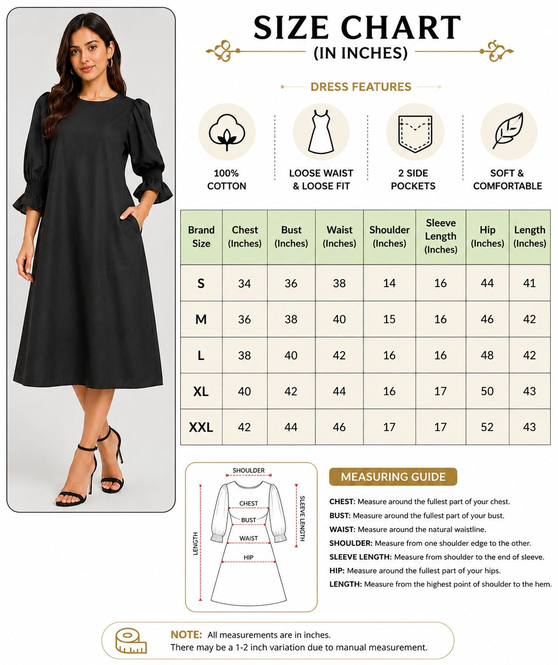 Women Black Cotton Midi Dress