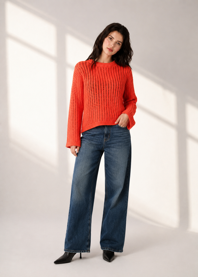 Women Orange Open Knit Sweater