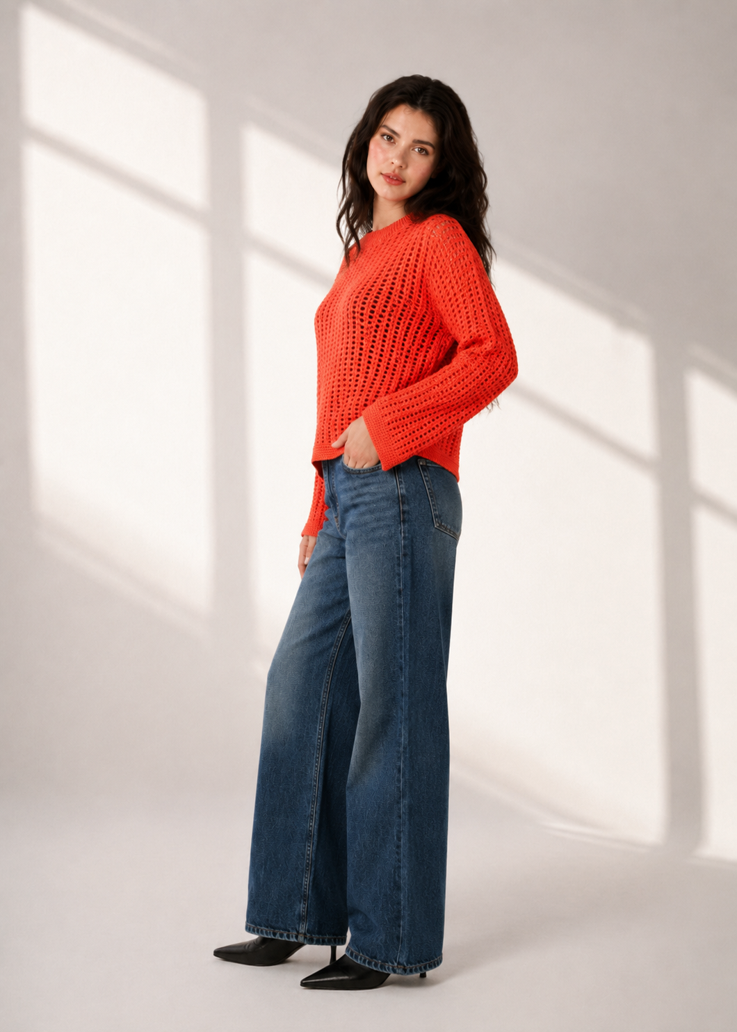 Women Orange Open Knit Sweater
