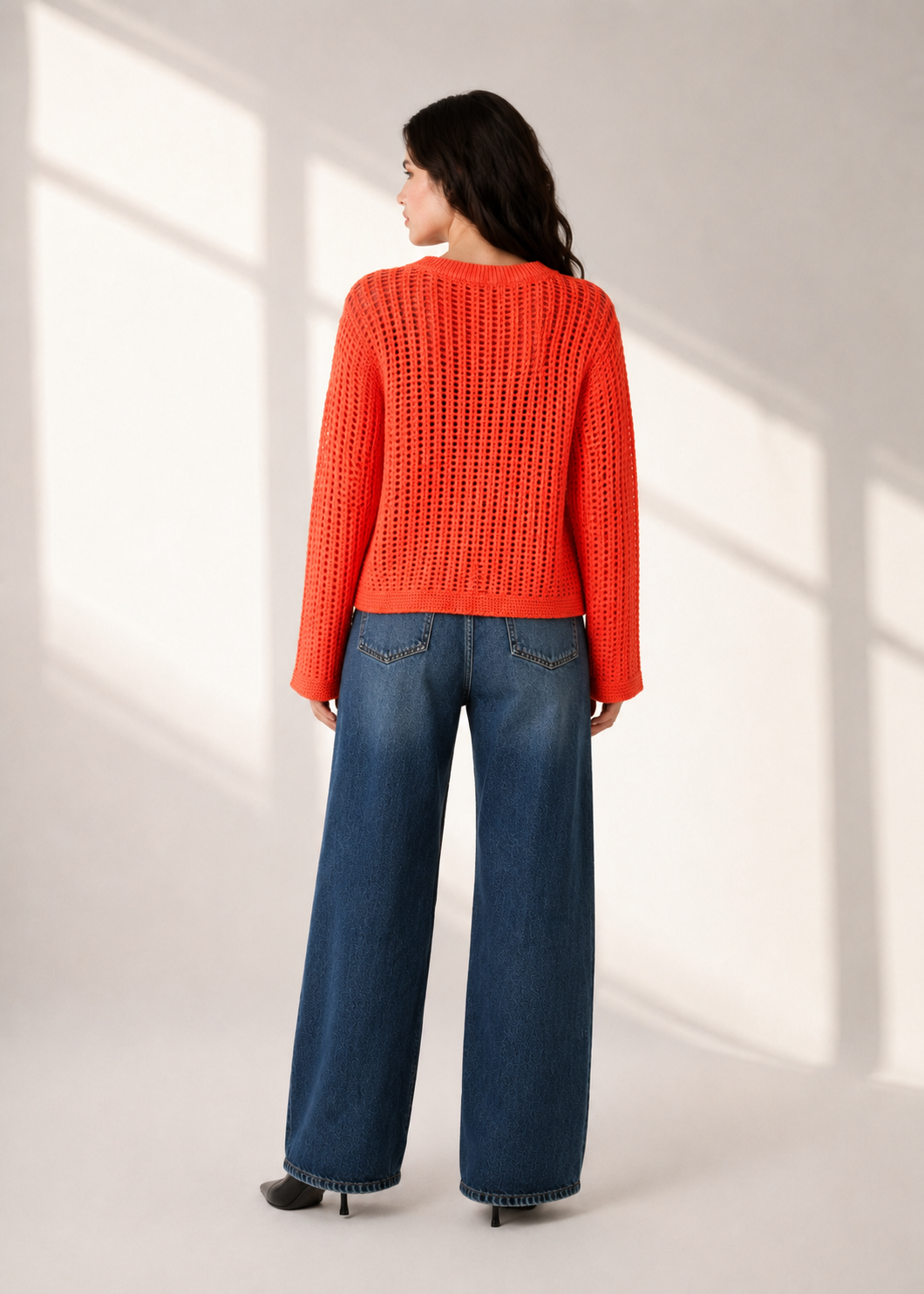 Women Orange Open Knit Sweater