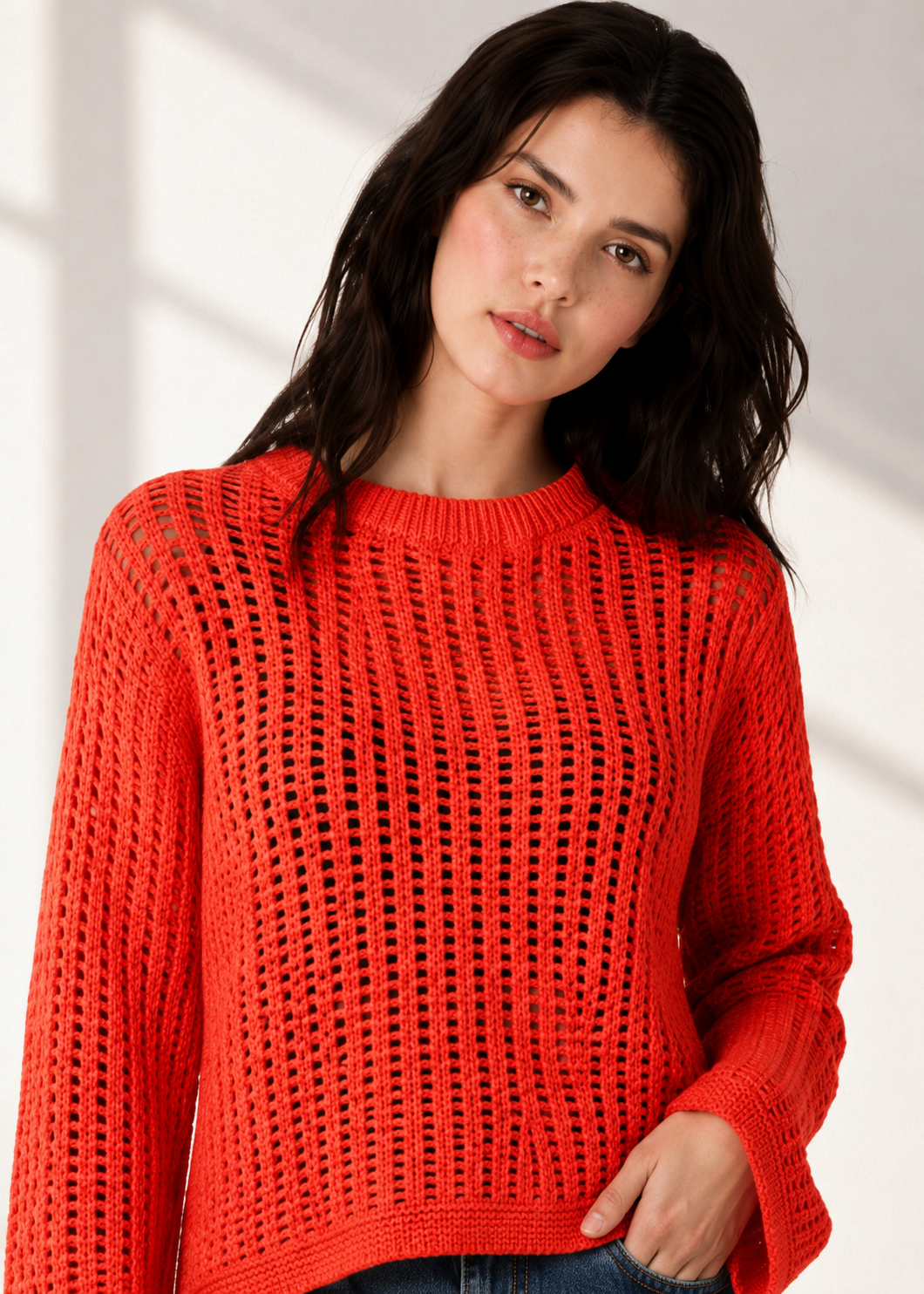 Women Orange Open Knit Sweater