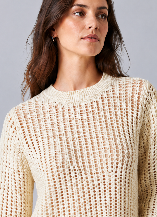 Women Off White Open Knit Sweater