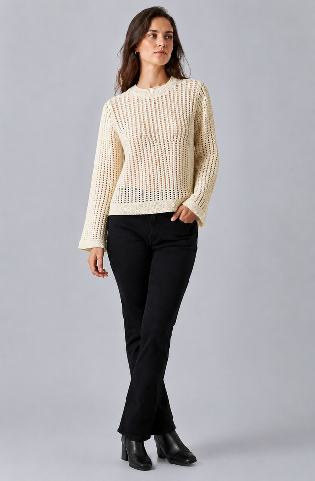 Women Off White Open Knit Sweater
