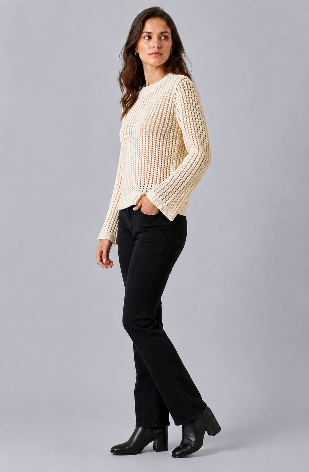 Women Off White Open Knit Sweater