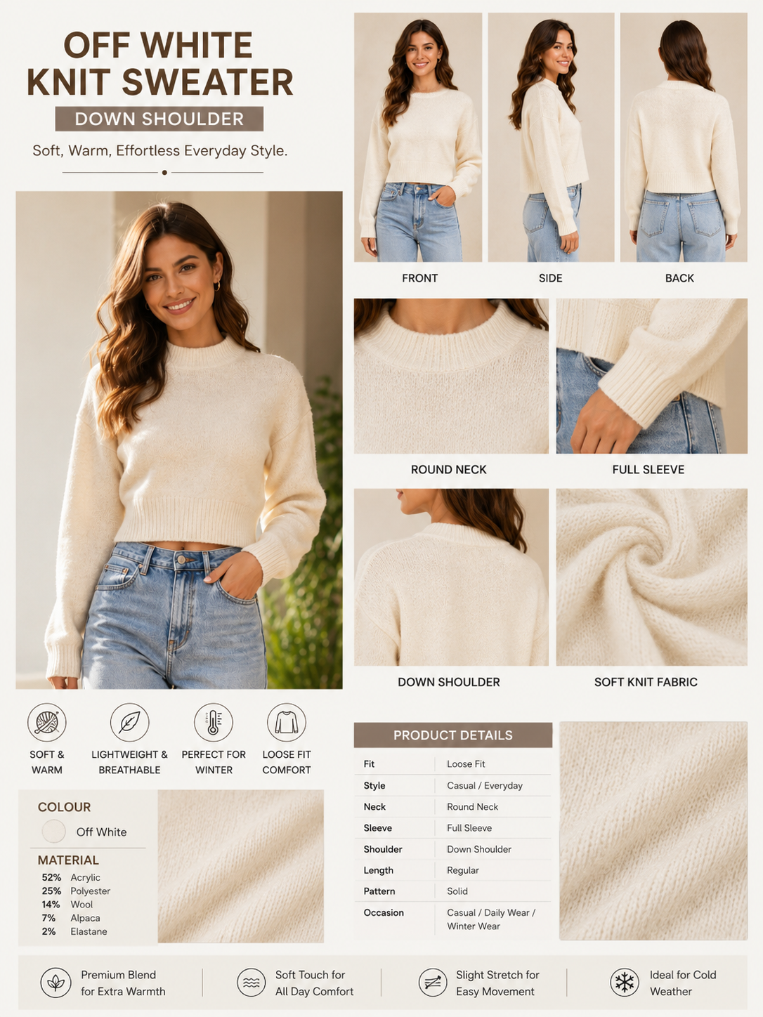 Women Off White Knit Sweater
