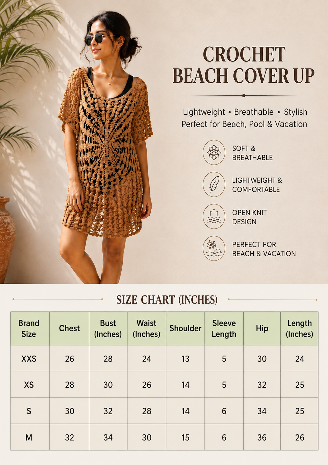 Women Brown Crochet Cover Up Dress