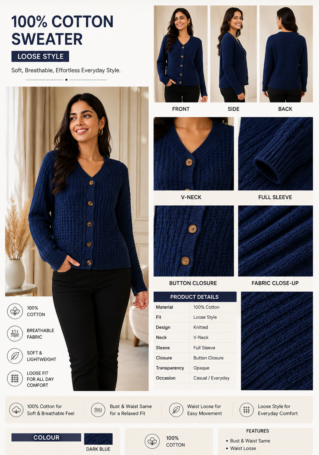 Women Blue Cardigan Sweater
