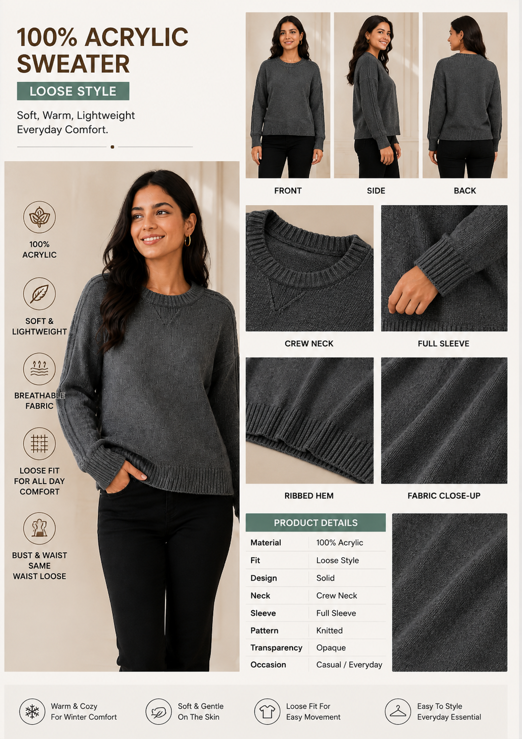 Women Grey Acrylic Sweater