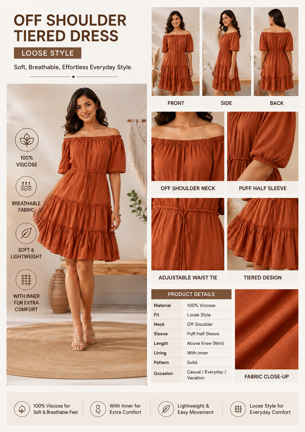 Women Brown Tiered Mini Dress