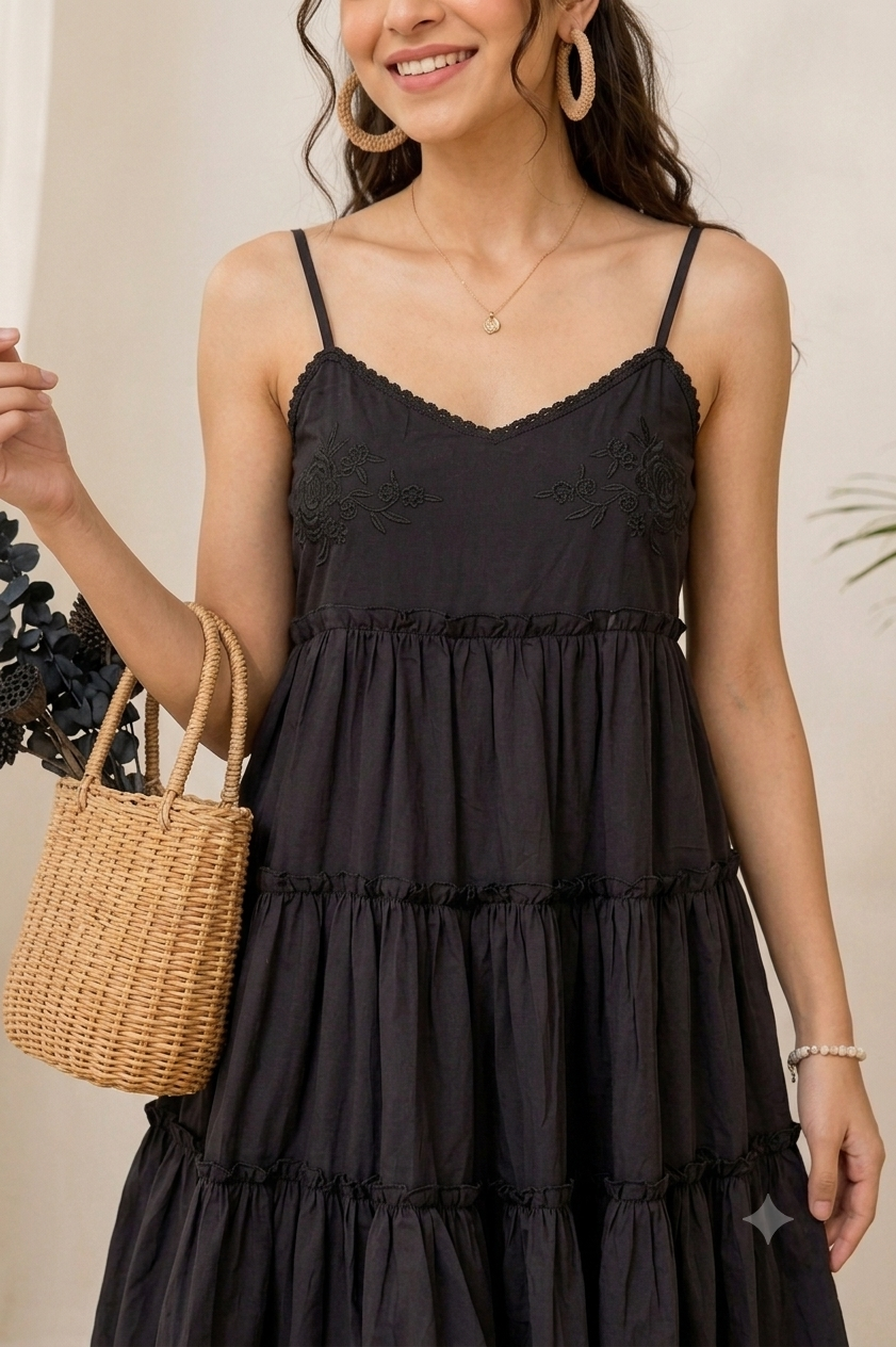 Women Black Tiered Mini Dress
