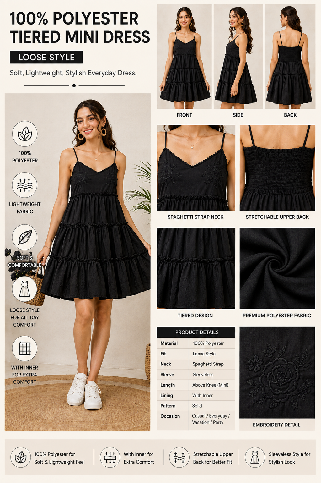 Women Black Tiered Mini Dress