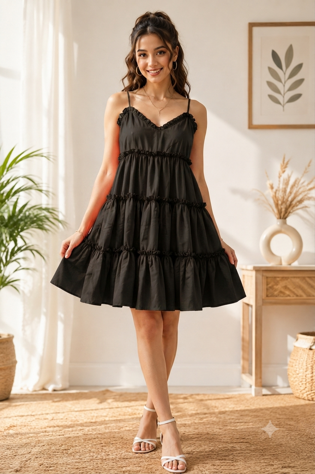 Women Black Tiered Mini Dress