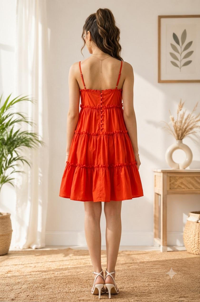 Women Red Tiered Mini Dress