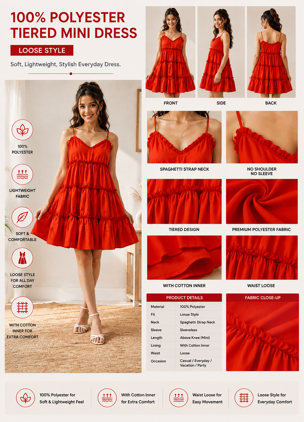 Women Red Tiered Mini Dress