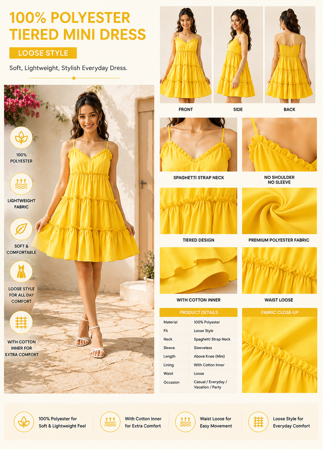 Women Yellow Tiered Mini Dress