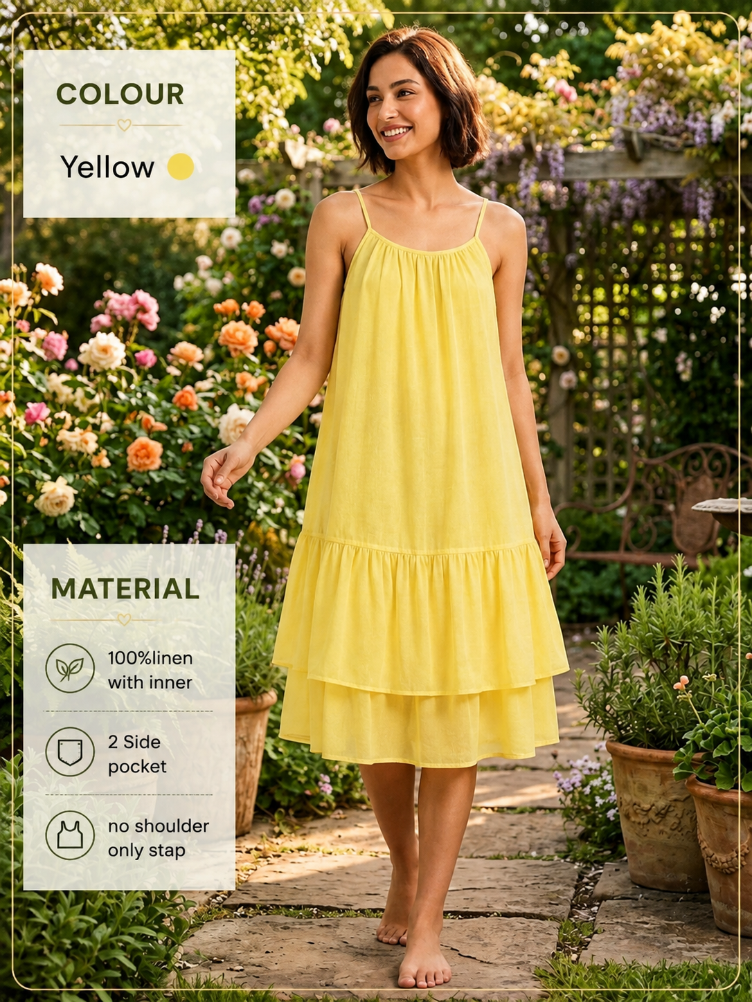 Women Yellow Tiered Midi Dress