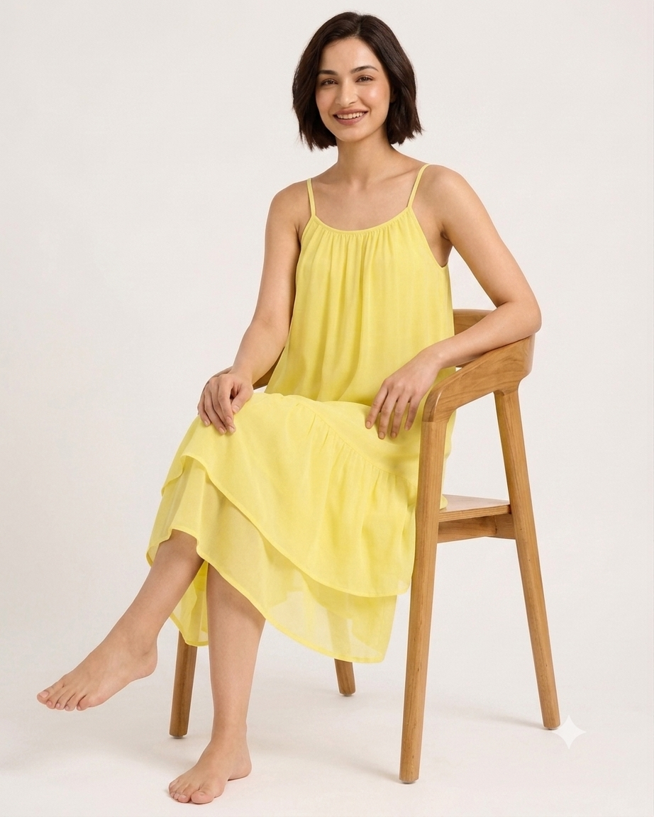 Women Yellow Tiered Midi Dress