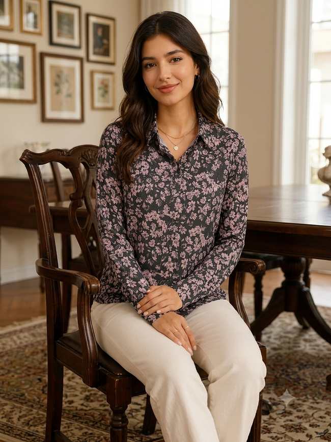 Women Black Floral Print Shirt