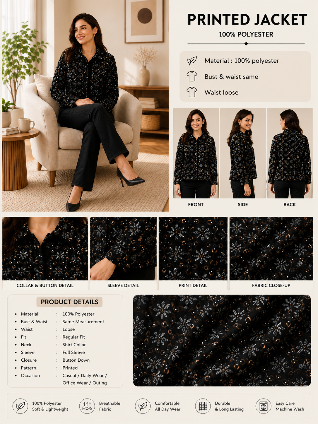 Women Black Casual Jacket