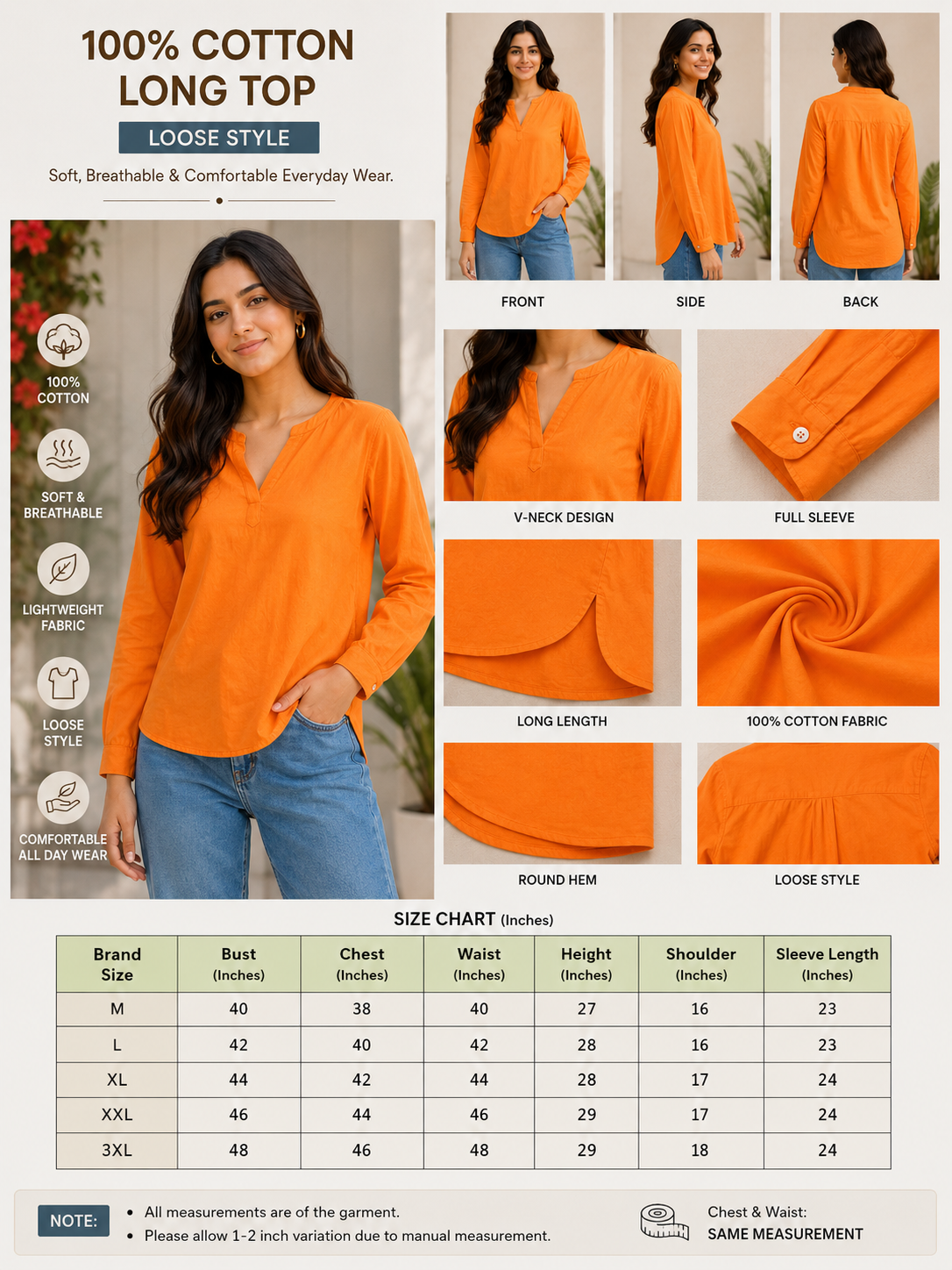 Women Orange Solid Long Top