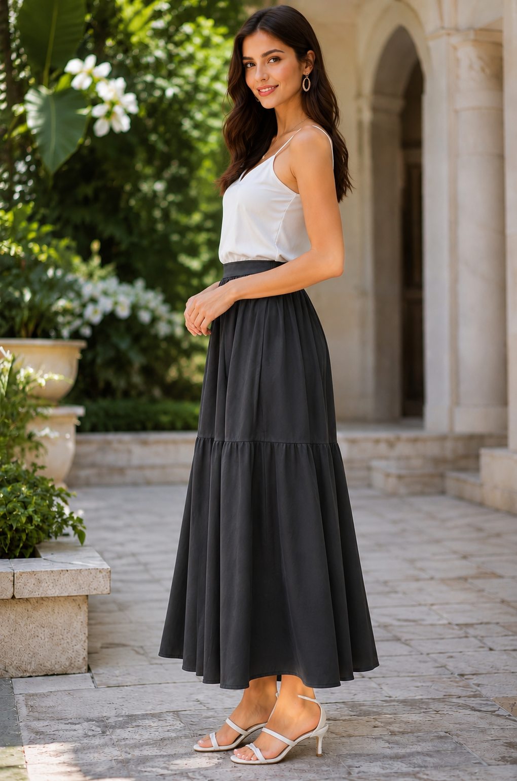 Women Black Tiered Maxi Skirt