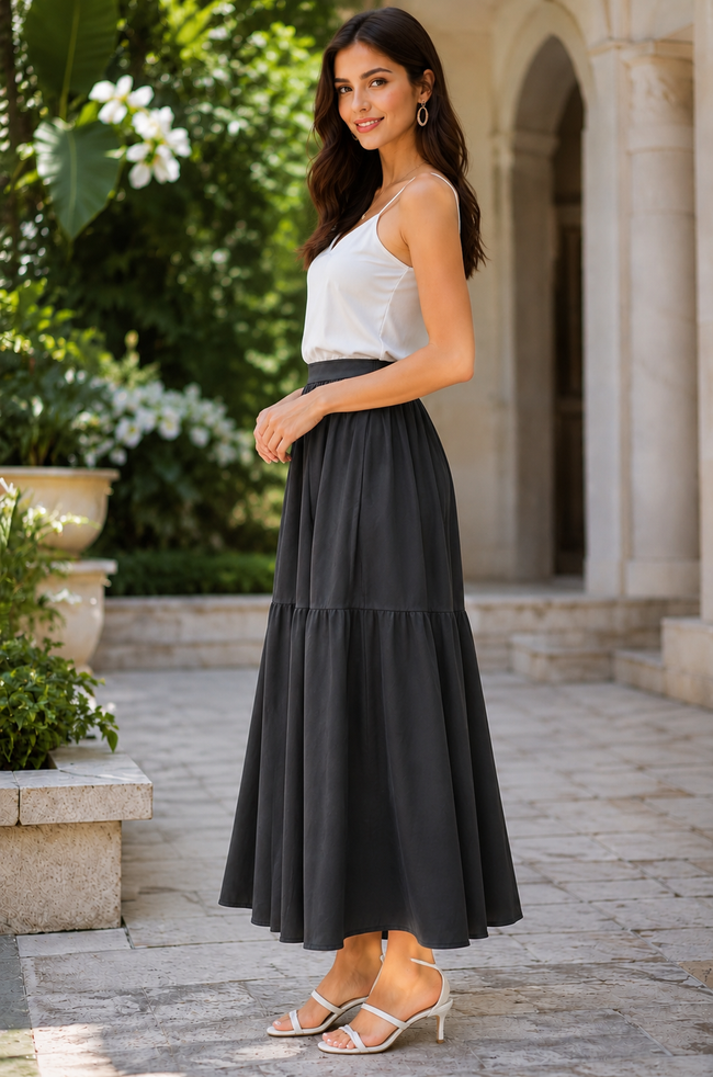 Women Black Tiered Maxi Skirt