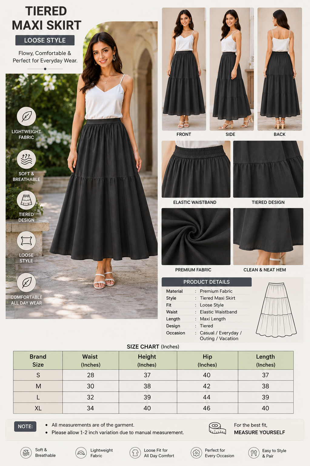 Women Black Tiered Maxi Skirt