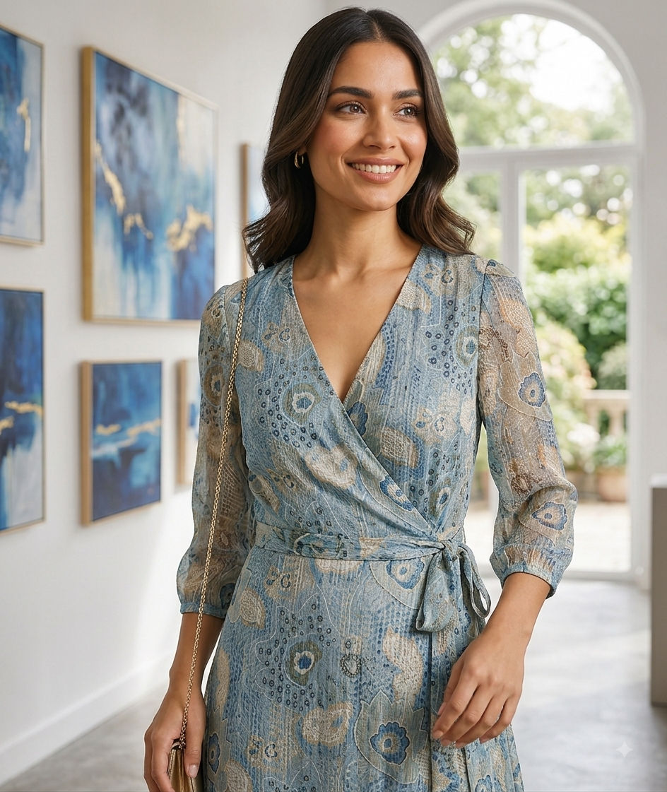 Women Blue Lurex Wrap Dress