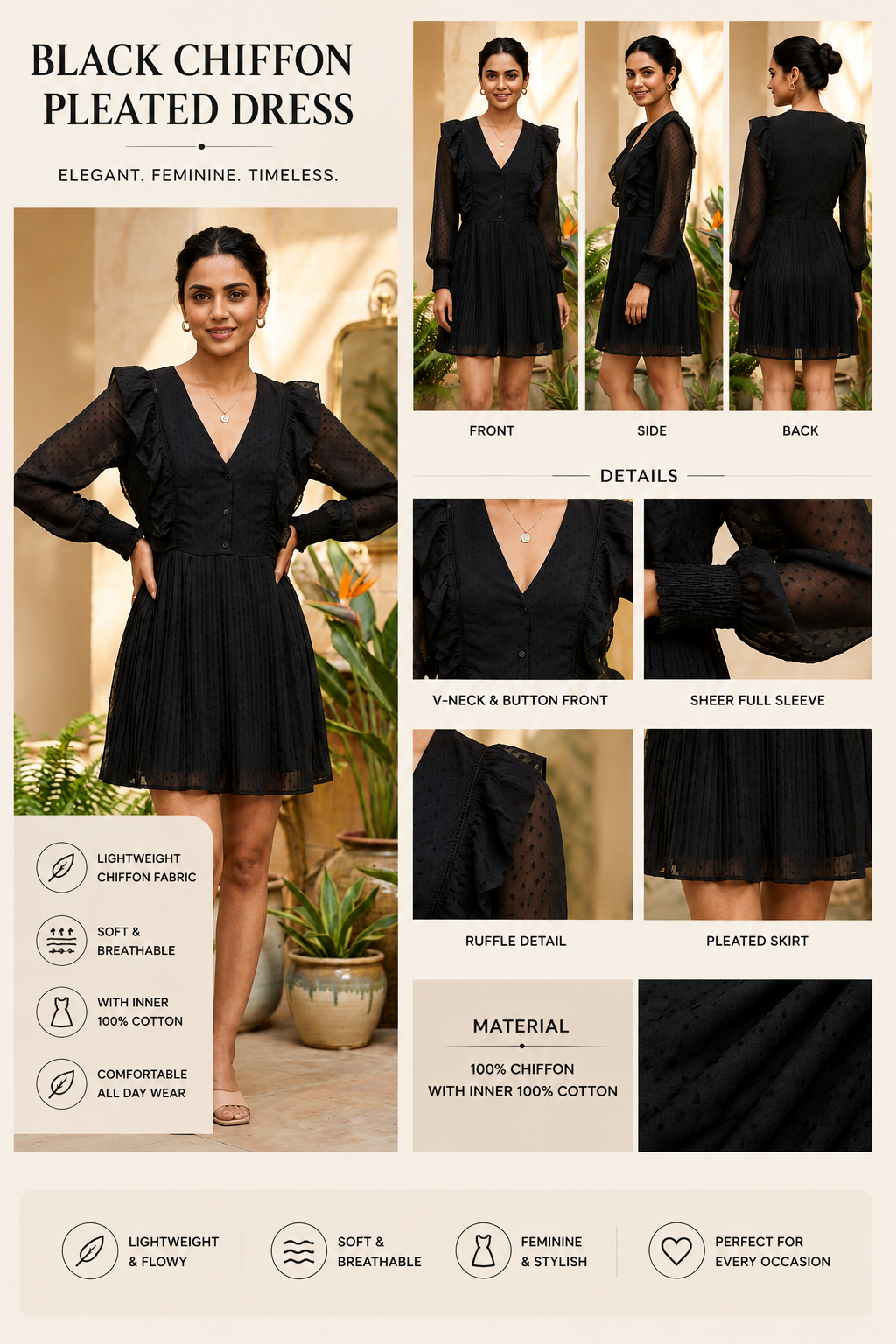 Women Black Pleated Dress