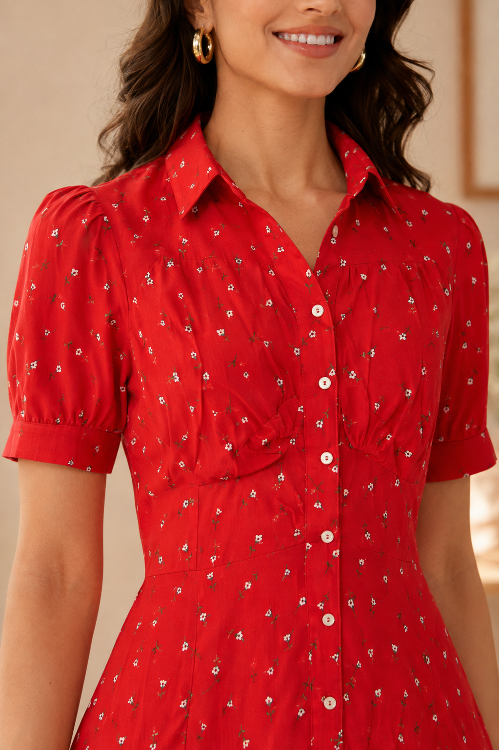 Women Red Shirt Style Mini Dress