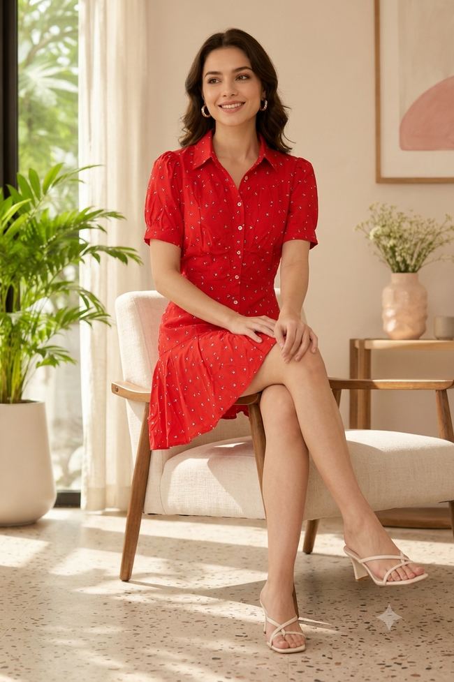 Women Red Shirt Style Mini Dress
