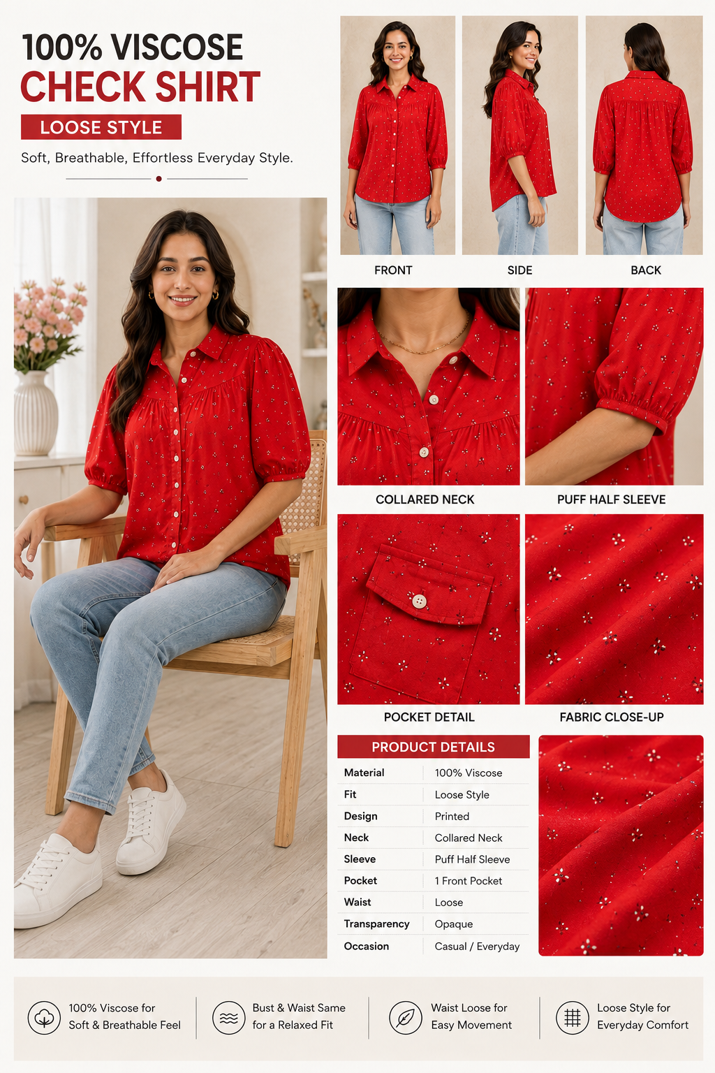 Women Red Shirt Style Top
