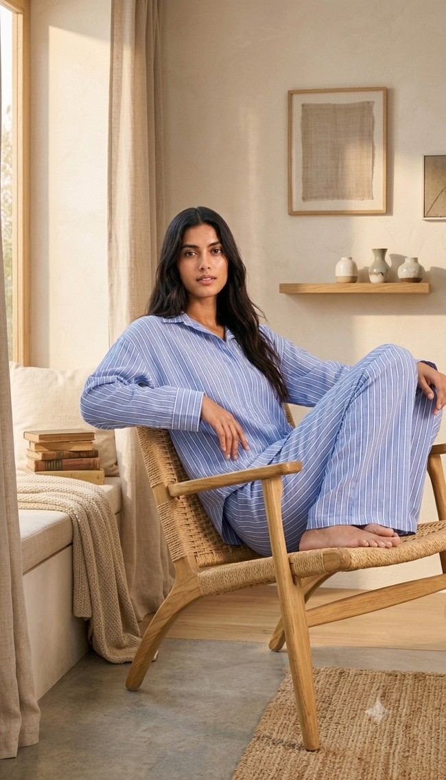 Women Blue Linen Co-Ord Set