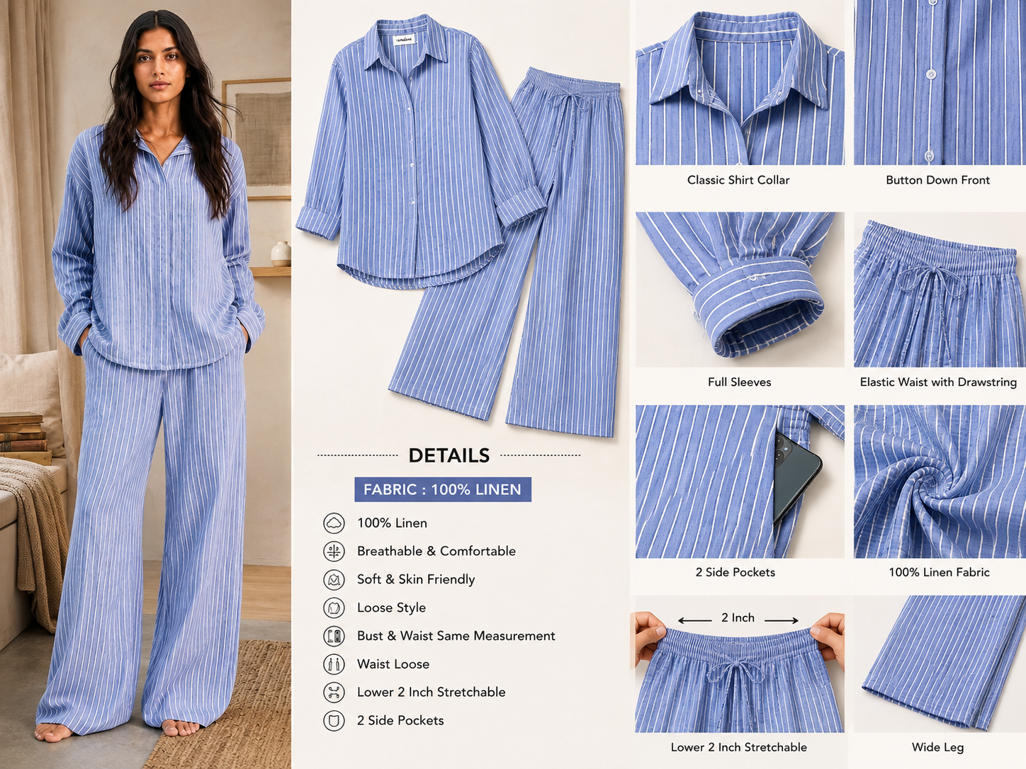 Women Blue Linen Co-Ord Set